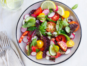 Salad with fresh summer vegetables, top view, square image