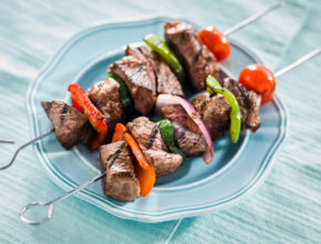 grilled beef shishkabobs viewed from high angle