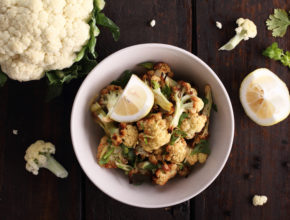 roasted cauliflower salad with lemon and parsley, top view